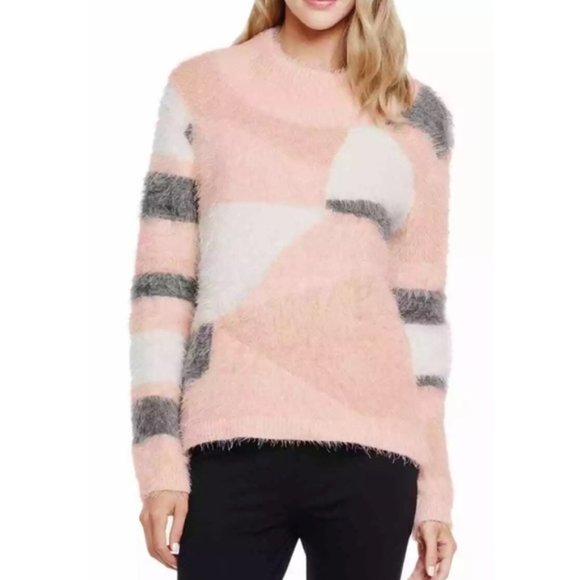 Vince Camuto Chunky Turtleneck Mixed Yarn Eyelash Intarsia Sweater - Picture 2 of 10